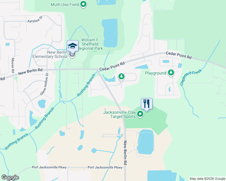 map of restaurants, bars, coffee shops, grocery stores, and more near 12245 New Berlin Road in Jacksonville