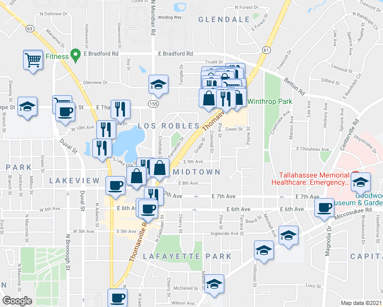 map of restaurants, bars, coffee shops, grocery stores, and more near 1522 Grape Street in Tallahassee