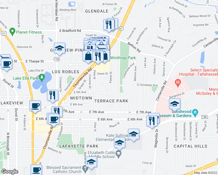 map of restaurants, bars, coffee shops, grocery stores, and more near 748 East 9th Avenue in Tallahassee