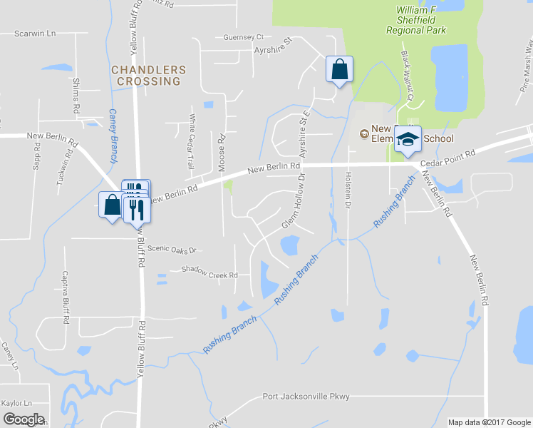 map of restaurants, bars, coffee shops, grocery stores, and more near 3331 Hickory Leaf Court in Jacksonville