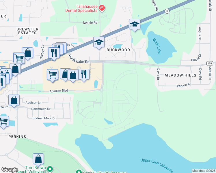 map of restaurants, bars, coffee shops, grocery stores, and more near Fallschase Parkway in Tallahassee