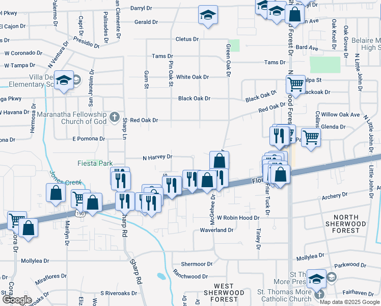 map of restaurants, bars, coffee shops, grocery stores, and more near 10671 North Harvey Drive in Baton Rouge