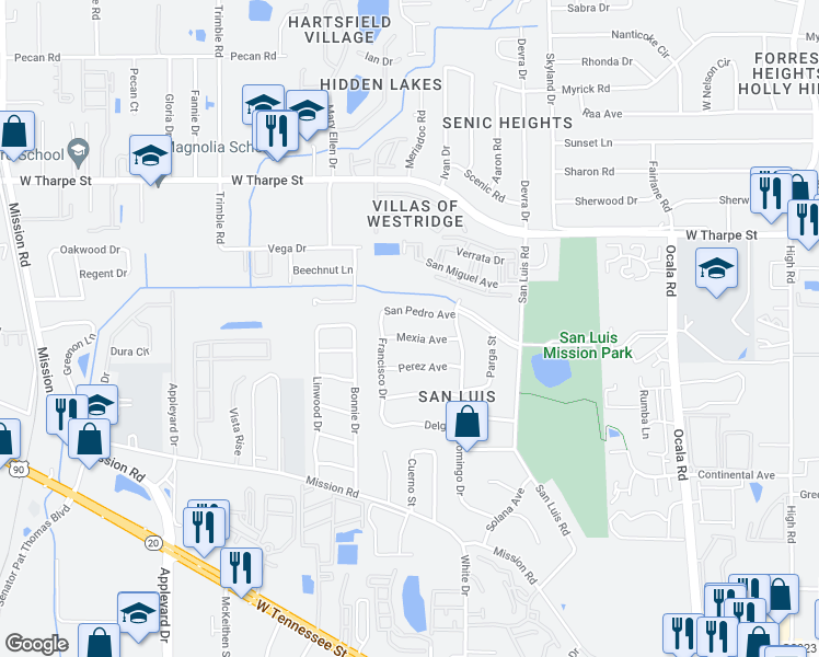 map of restaurants, bars, coffee shops, grocery stores, and more near 2410 Mexia Avenue in Tallahassee