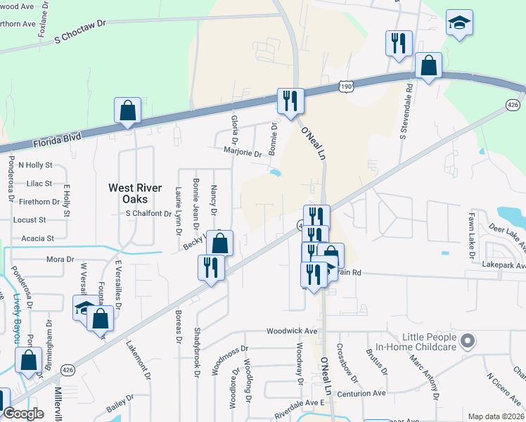 map of restaurants, bars, coffee shops, grocery stores, and more near 15643 Old Hammond Highway in Baton Rouge