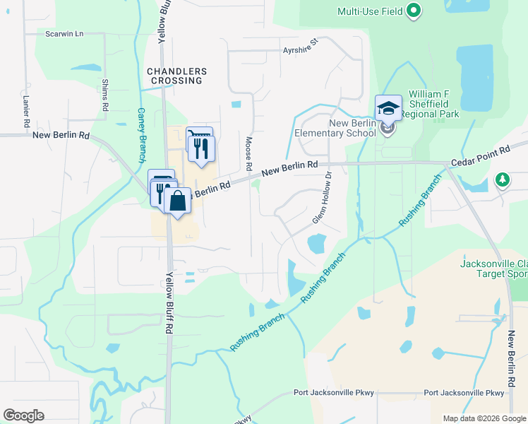 map of restaurants, bars, coffee shops, grocery stores, and more near 12405 Hickory Forest Road in Jacksonville