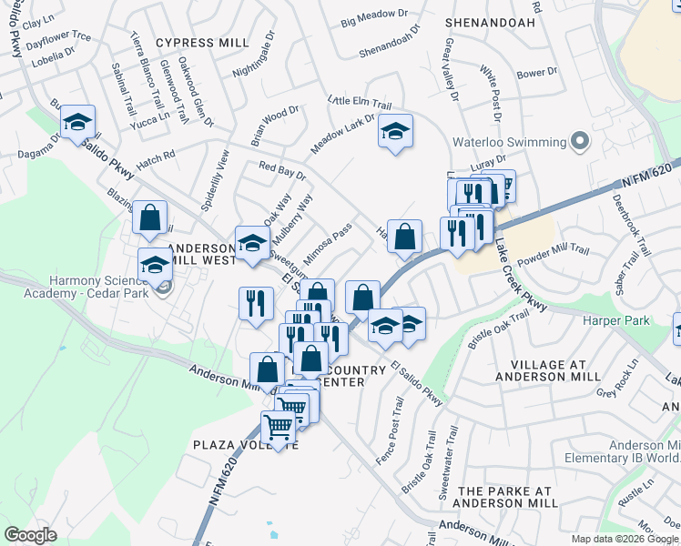 map of restaurants, bars, coffee shops, grocery stores, and more near 1404 Piney Creek Lane in Cedar Park