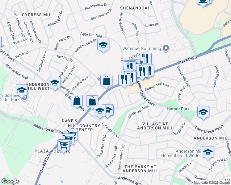 map of restaurants, bars, coffee shops, grocery stores, and more near 11608 Quarter Horse Trail in Austin
