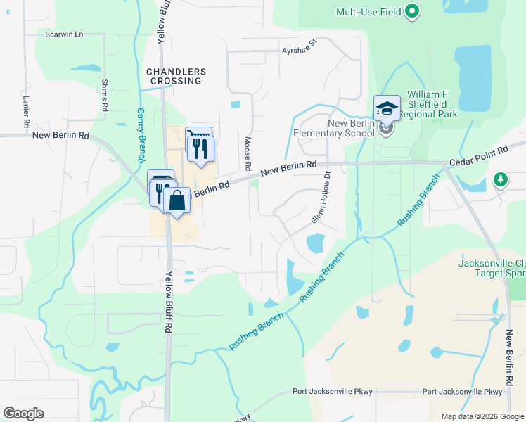 map of restaurants, bars, coffee shops, grocery stores, and more near 12405 Hickory Forest Road in Jacksonville
