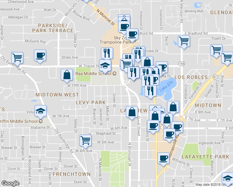 map of restaurants, bars, coffee shops, grocery stores, and more near 1610 Green Street in Tallahassee