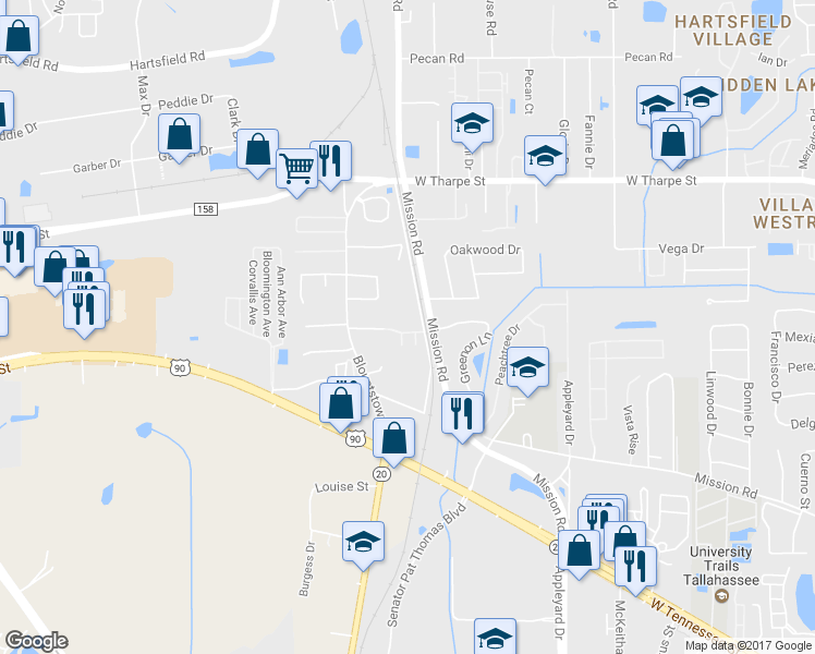 map of restaurants, bars, coffee shops, grocery stores, and more near 3204 Dian Road in Tallahassee