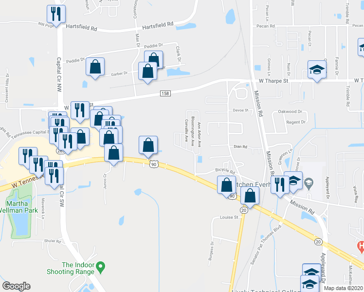 map of restaurants, bars, coffee shops, grocery stores, and more near 1931 Evanston Avenue in Tallahassee