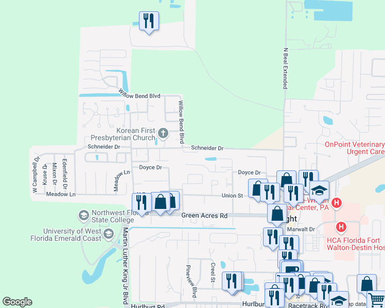 map of restaurants, bars, coffee shops, grocery stores, and more near 396 Schneider Drive in Fort Walton Beach