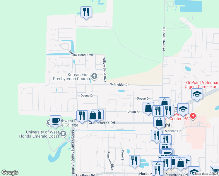 map of restaurants, bars, coffee shops, grocery stores, and more near 396 Schneider Drive in Fort Walton Beach
