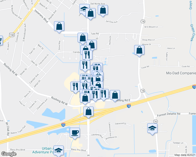 map of restaurants, bars, coffee shops, grocery stores, and more near 115 Aspen Square in Denham Springs