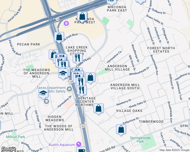 map of restaurants, bars, coffee shops, grocery stores, and more near 12902 Hymeadow Drive in Austin