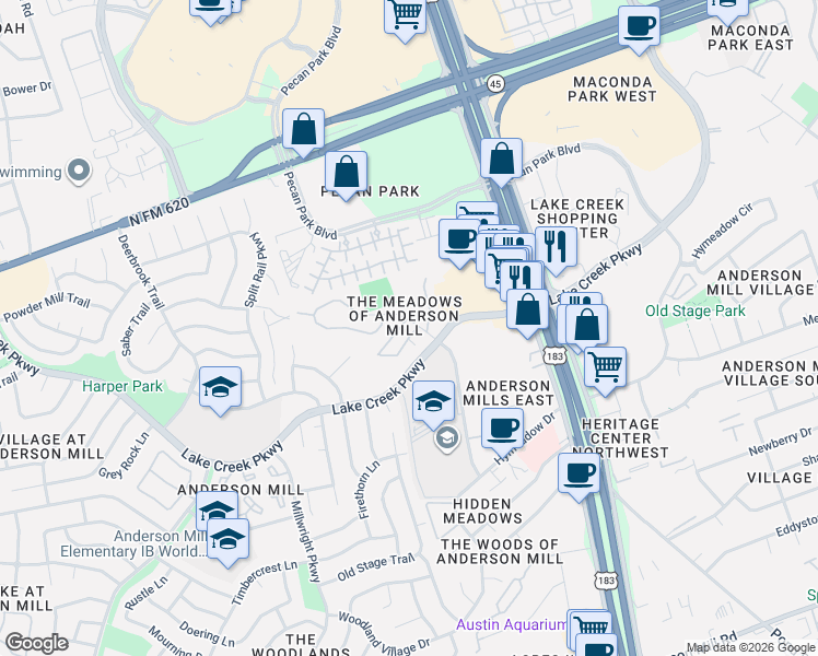 map of restaurants, bars, coffee shops, grocery stores, and more near 10418 Lake Creek Parkway in Austin