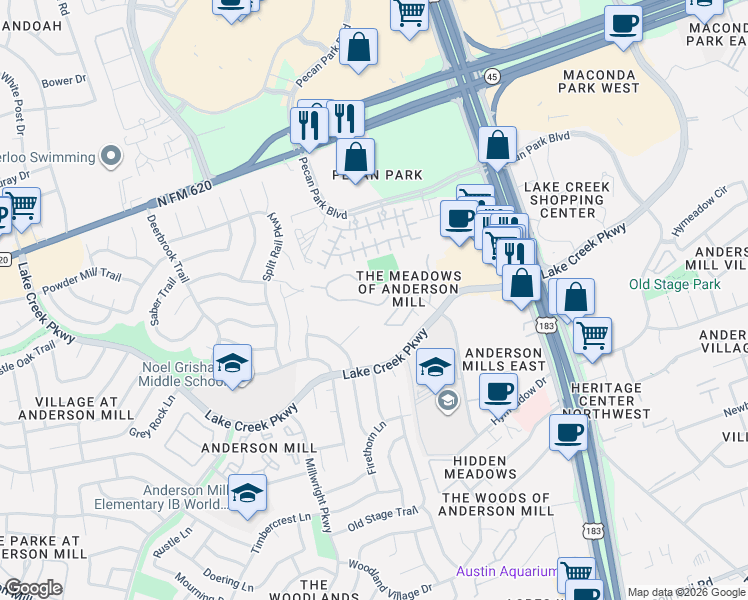 map of restaurants, bars, coffee shops, grocery stores, and more near 36 Mellow Meadow Drive in Austin