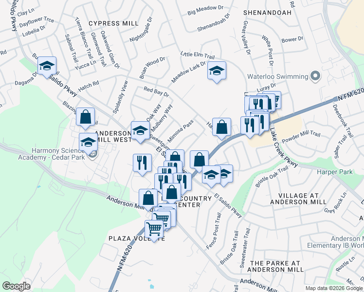 map of restaurants, bars, coffee shops, grocery stores, and more near 1404 Piney Creek Lane in Cedar Park
