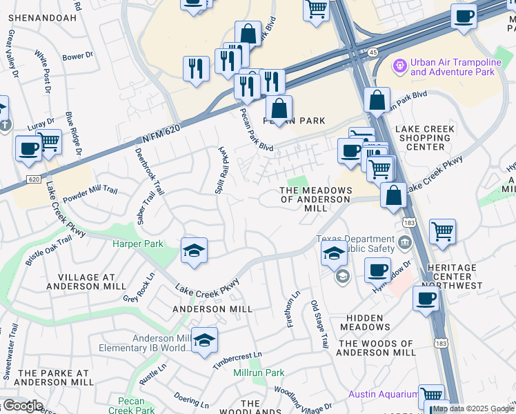 map of restaurants, bars, coffee shops, grocery stores, and more near 18 Mellow Meadow Drive in Austin