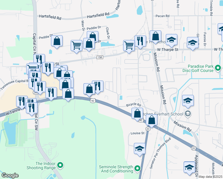 map of restaurants, bars, coffee shops, grocery stores, and more near 1931 Evanston Avenue in Tallahassee