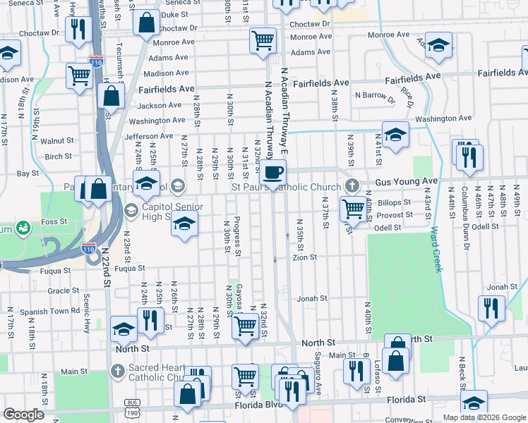 map of restaurants, bars, coffee shops, grocery stores, and more near 1320 N 32nd St in Baton Rouge