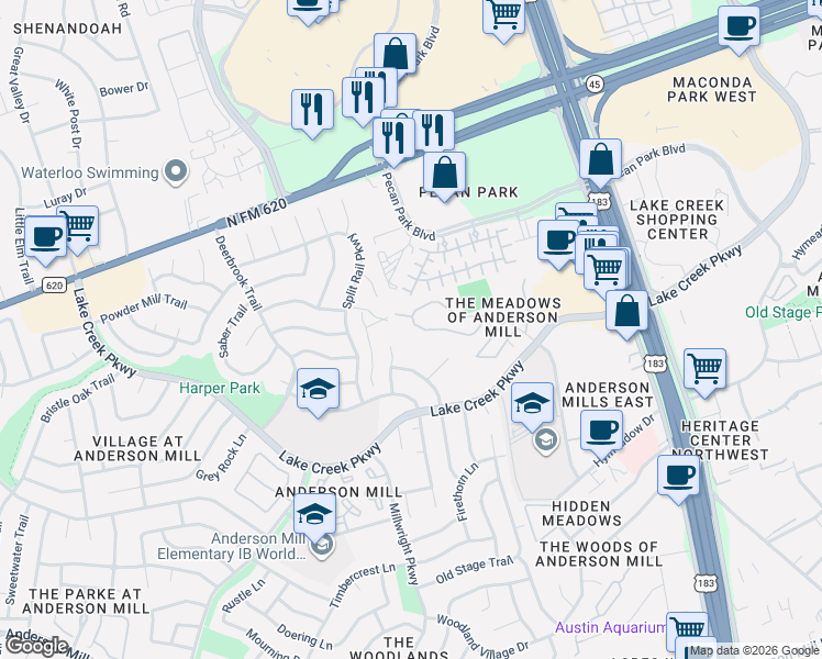 map of restaurants, bars, coffee shops, grocery stores, and more near 18 Mellow Meadow Drive in Austin