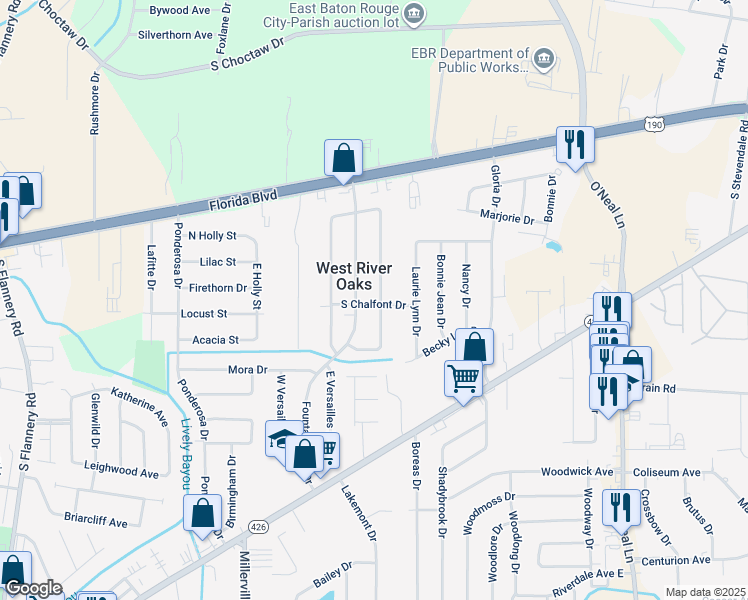 map of restaurants, bars, coffee shops, grocery stores, and more near 14965 South Chalfont Drive in Baton Rouge