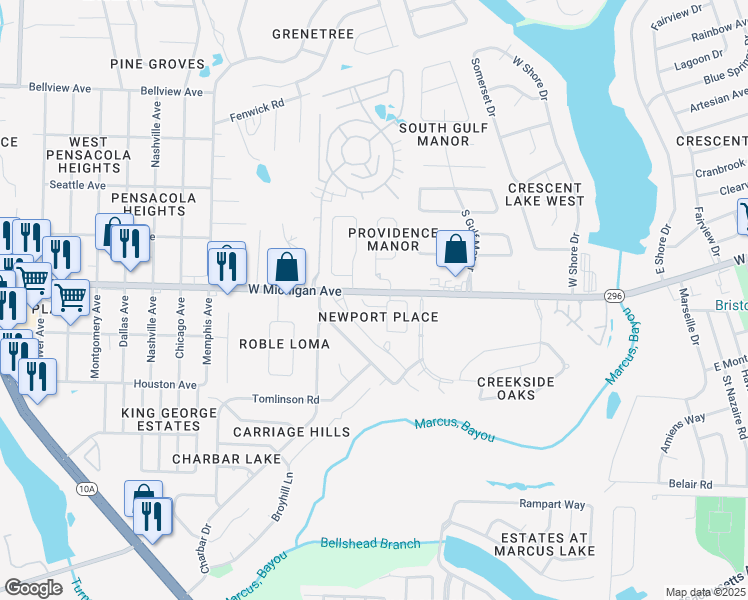 map of restaurants, bars, coffee shops, grocery stores, and more near 3020 Brigantine Drive in Pensacola