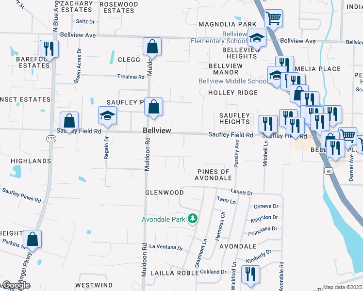 map of restaurants, bars, coffee shops, grocery stores, and more near 4819 Saufley Field Road in Pensacola