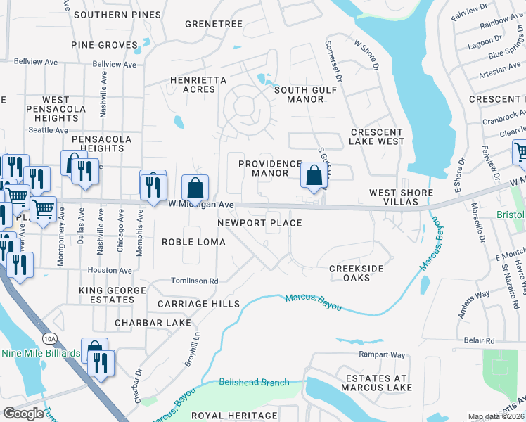 map of restaurants, bars, coffee shops, grocery stores, and more near 3000 Brigantine Drive in Pensacola