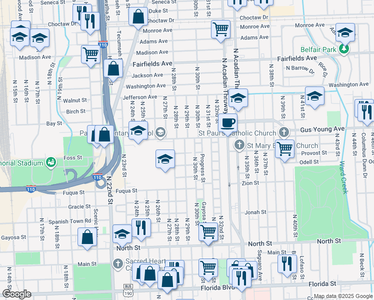 map of restaurants, bars, coffee shops, grocery stores, and more near 1308 North 29th Street in Baton Rouge