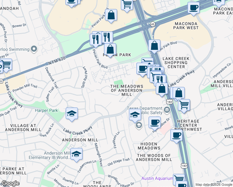 map of restaurants, bars, coffee shops, grocery stores, and more near 10616 Mellow Meadow Drive in Austin