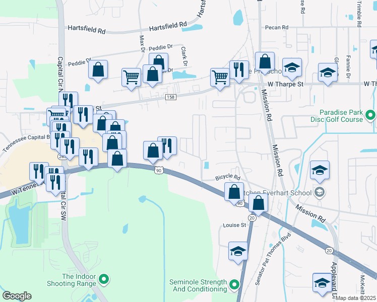map of restaurants, bars, coffee shops, grocery stores, and more near 1931 Evanston Avenue in Tallahassee