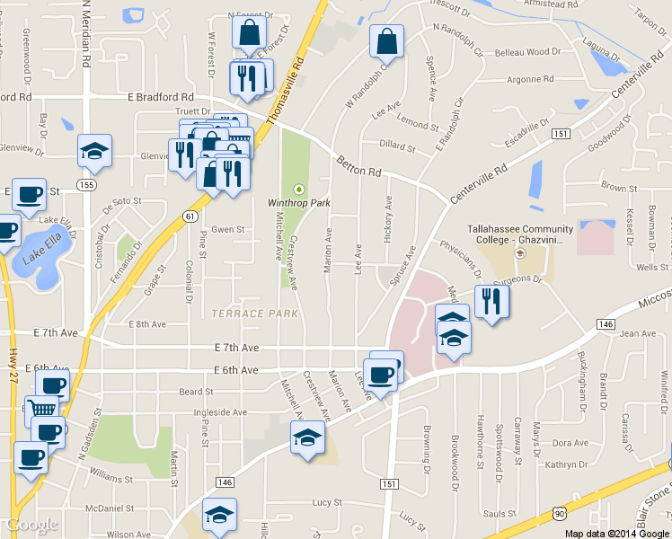 map of restaurants, bars, coffee shops, grocery stores, and more near 1487 Marion Avenue in Tallahassee