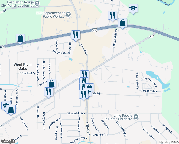 map of restaurants, bars, coffee shops, grocery stores, and more near 16136 Old Hammond Highway in Baton Rouge