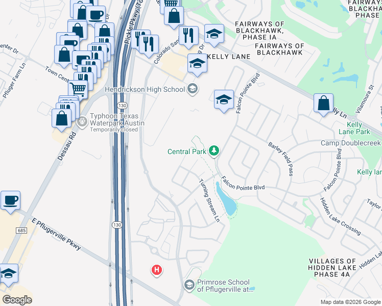 map of restaurants, bars, coffee shops, grocery stores, and more near 2709 Auburn Chestnut Lane in Pflugerville
