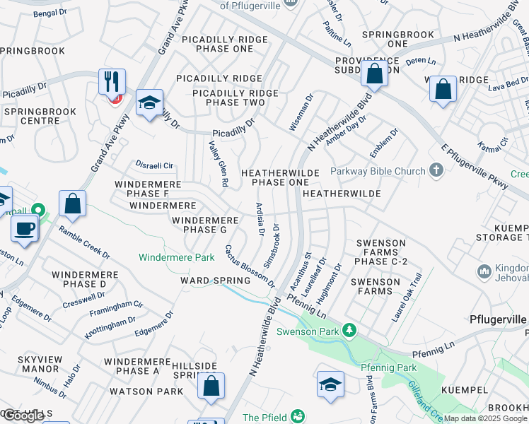 map of restaurants, bars, coffee shops, grocery stores, and more near 17101 Ardisia Drive in Pflugerville