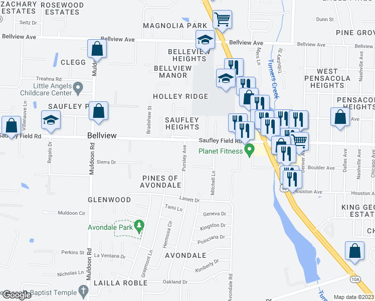 map of restaurants, bars, coffee shops, grocery stores, and more near 5994 Pursley Avenue in Pensacola