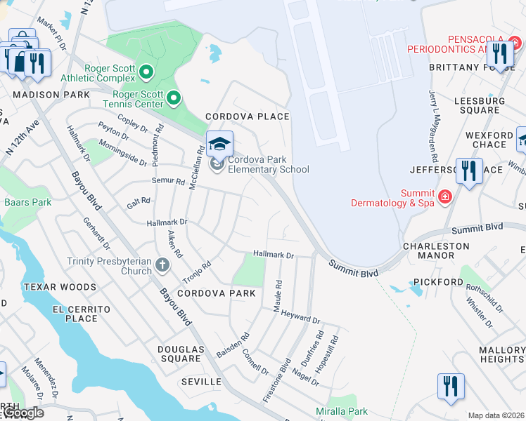 map of restaurants, bars, coffee shops, grocery stores, and more near 2474 Semur Road in Pensacola