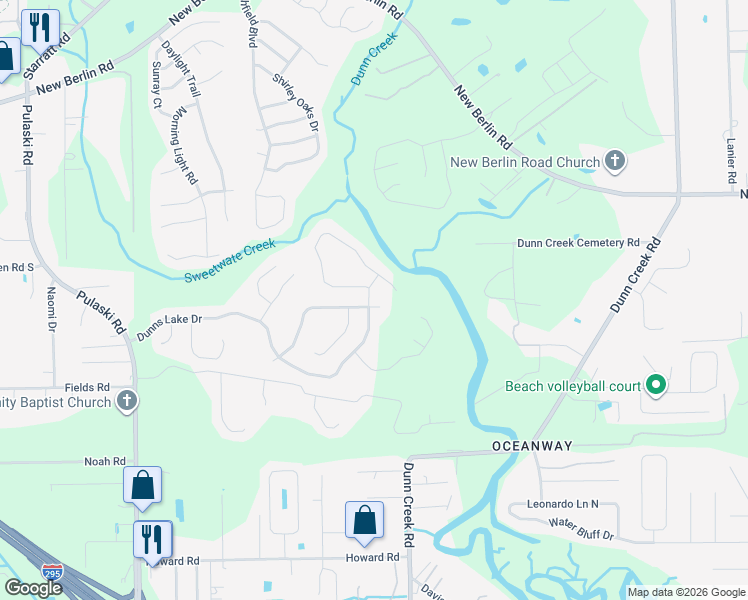 map of restaurants, bars, coffee shops, grocery stores, and more near 12390 Deersong Drive in Jacksonville