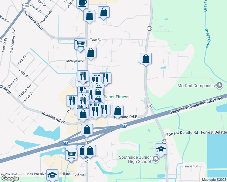 map of restaurants, bars, coffee shops, grocery stores, and more near 145 Aspen Square in Denham Springs
