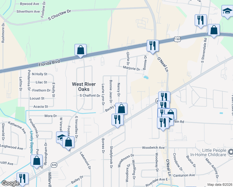 map of restaurants, bars, coffee shops, grocery stores, and more near 458 Nancy Dr in Baton Rouge