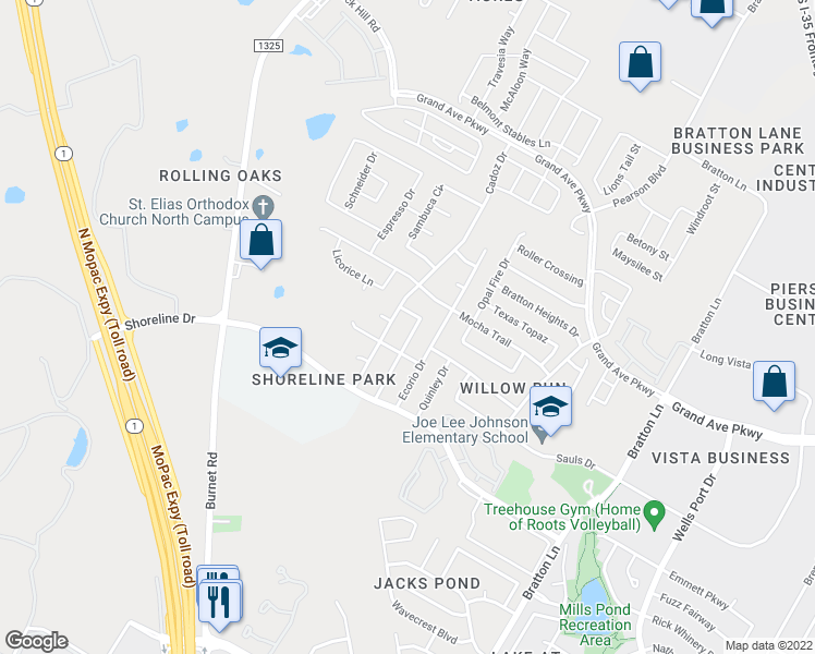 map of restaurants, bars, coffee shops, grocery stores, and more near 15504 Ozone Place in Austin