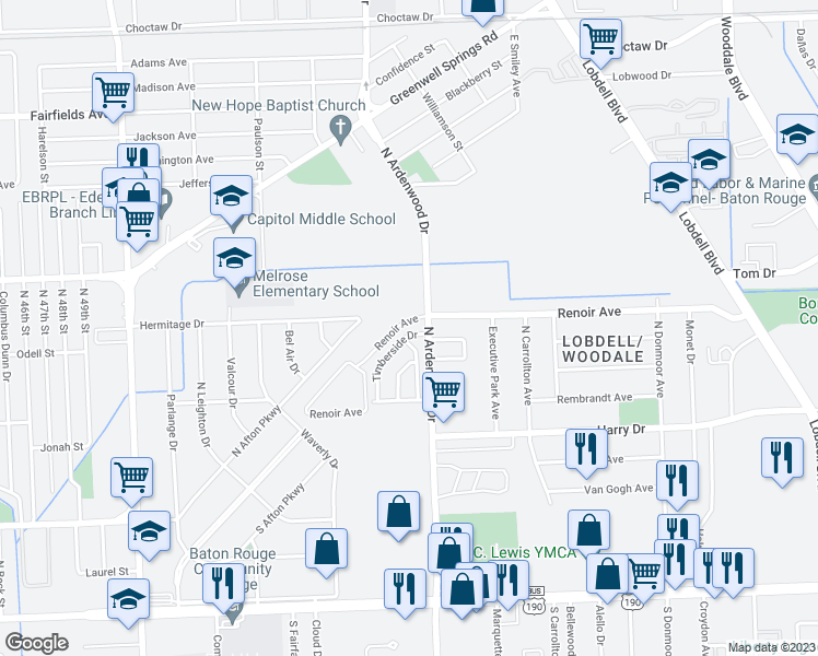 map of restaurants, bars, coffee shops, grocery stores, and more near 1227 Timber Side Drive in Baton Rouge