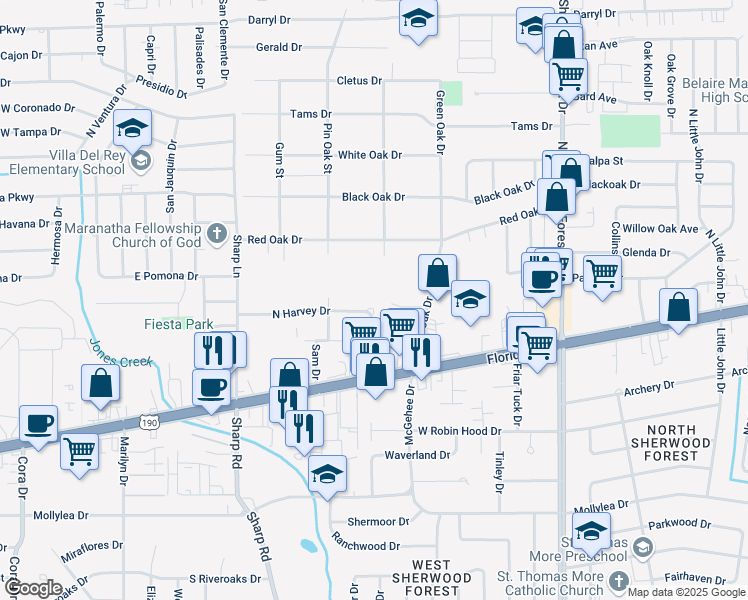 map of restaurants, bars, coffee shops, grocery stores, and more near 10671 North Harvey Drive in Baton Rouge
