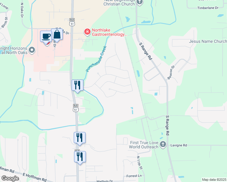 map of restaurants, bars, coffee shops, grocery stores, and more near 213 Long Leaf Court in Ponchatoula