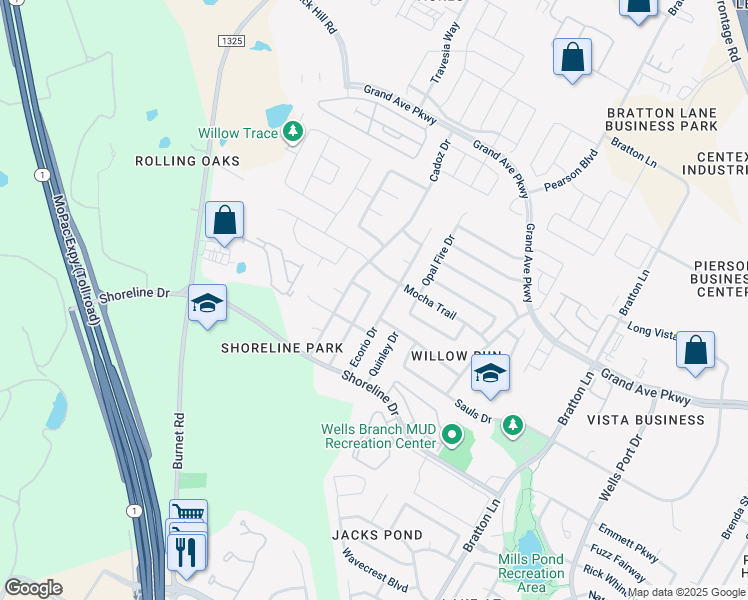 map of restaurants, bars, coffee shops, grocery stores, and more near 15513 Ozone Place in Austin