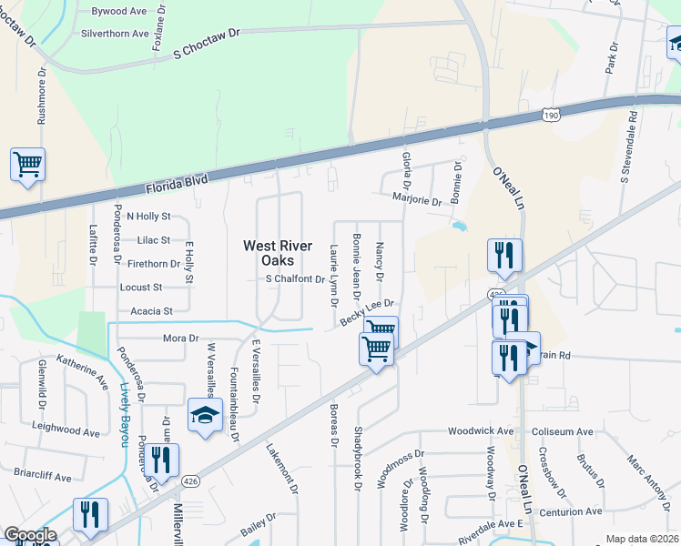 map of restaurants, bars, coffee shops, grocery stores, and more near 443 Laurie Lynn Drive in Baton Rouge