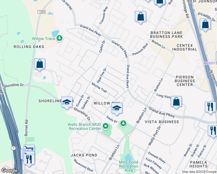 map of restaurants, bars, coffee shops, grocery stores, and more near 3505 Texas Topaz in Austin