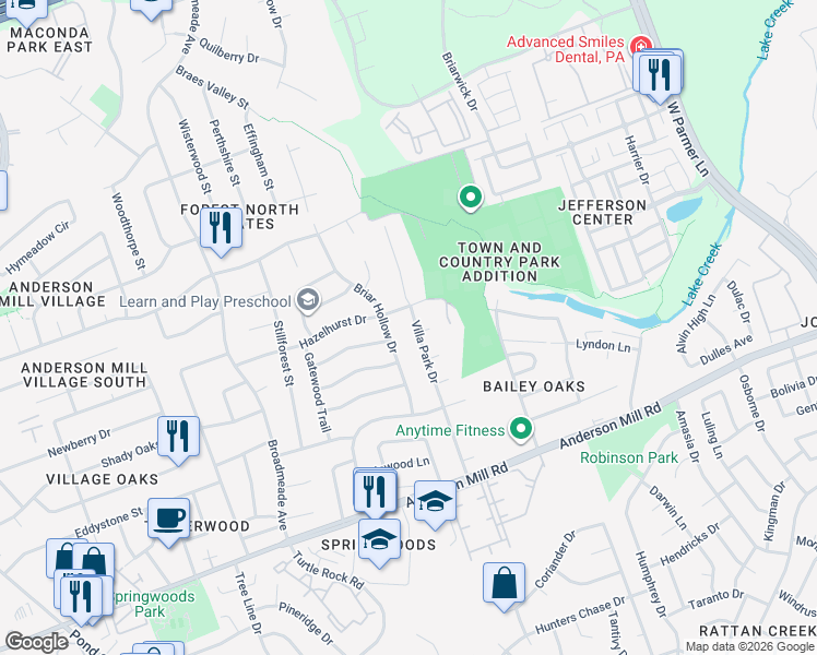 map of restaurants, bars, coffee shops, grocery stores, and more near 13300 Villa Park Drive in Austin